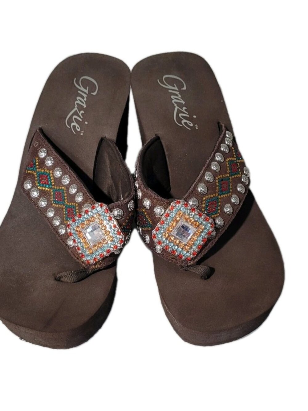 Grazie Sandals Womens Size 7.5 Brown Rhinestone Platform Wedge Thong Flipflop - Picture 5 of 11